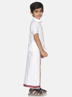 Thumbnail for Sethukrishna Boys White & Red Pure Cotton Solid Shirt and Veshti Set - Distacart