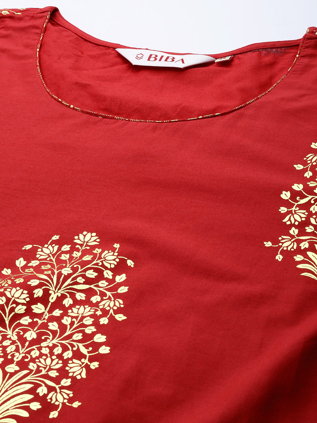 Biba Women Red & Golden Ethnic Foil Printed Regular Kurta with Palazzos & Dupatta - Distacart