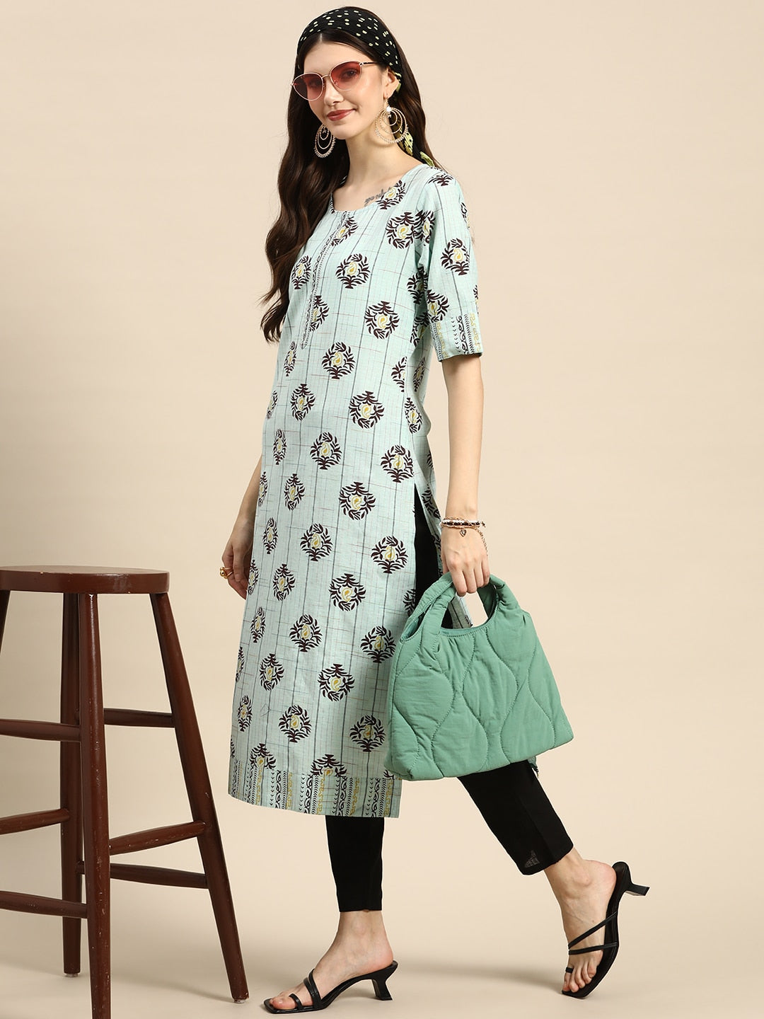 Sangria Women Blue & Brown Ethnic Motifs Printed Kurta - Distacart