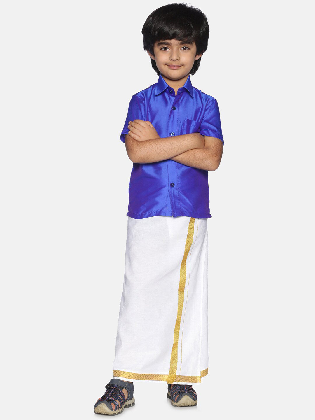 Sethukrishna Boys Blue & White Solid Shirt with Veshti Set - Distacart