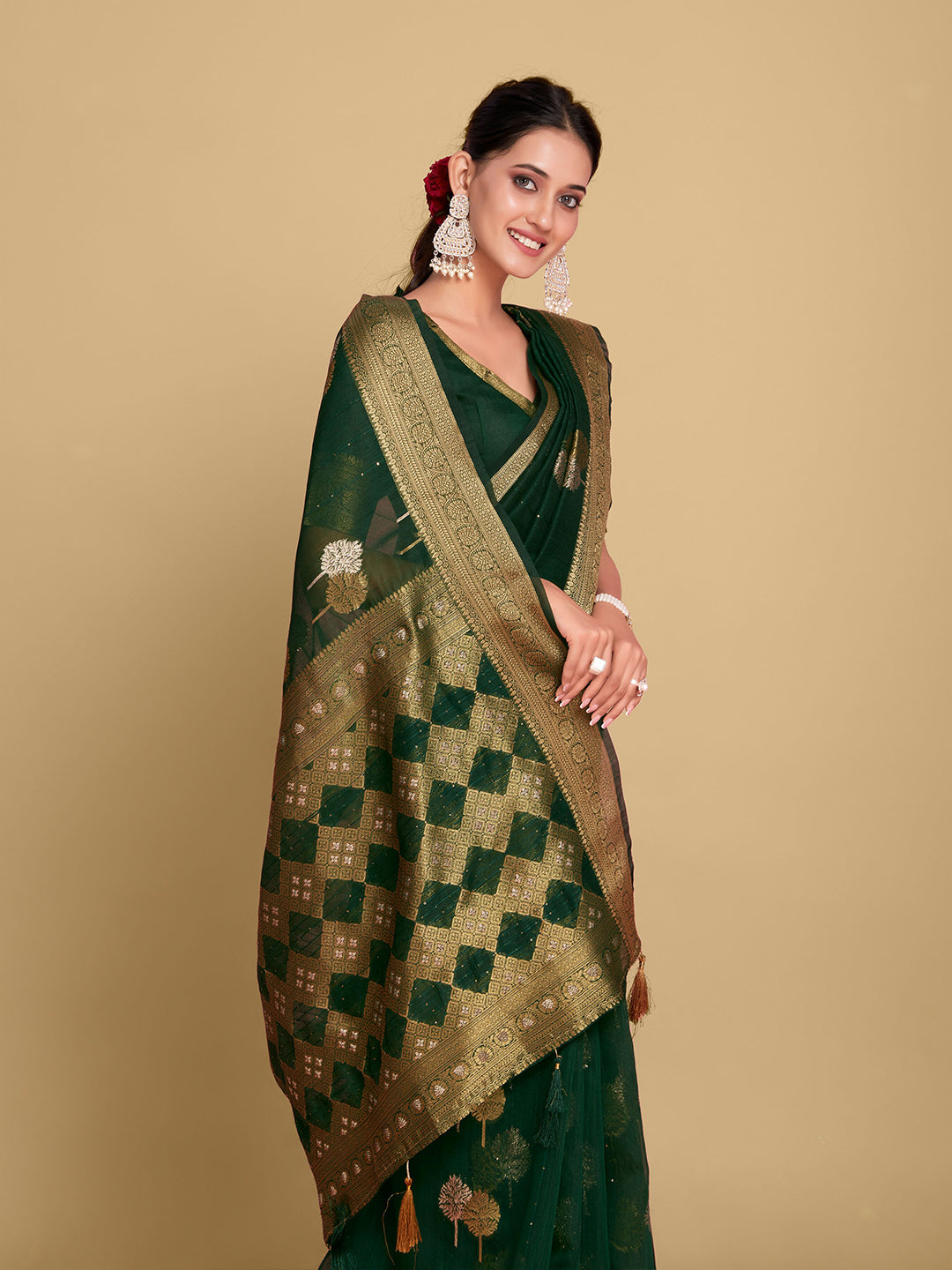 Sangria Green Ethnic Motifs Zari Linen Blend Saree - Distacart