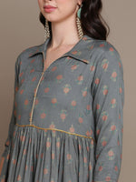 Thumbnail for HERE&NOW Ethnic Motifs Printed Shirt Collar Tiered Pure Cotton A-Line Kurta - Distacart