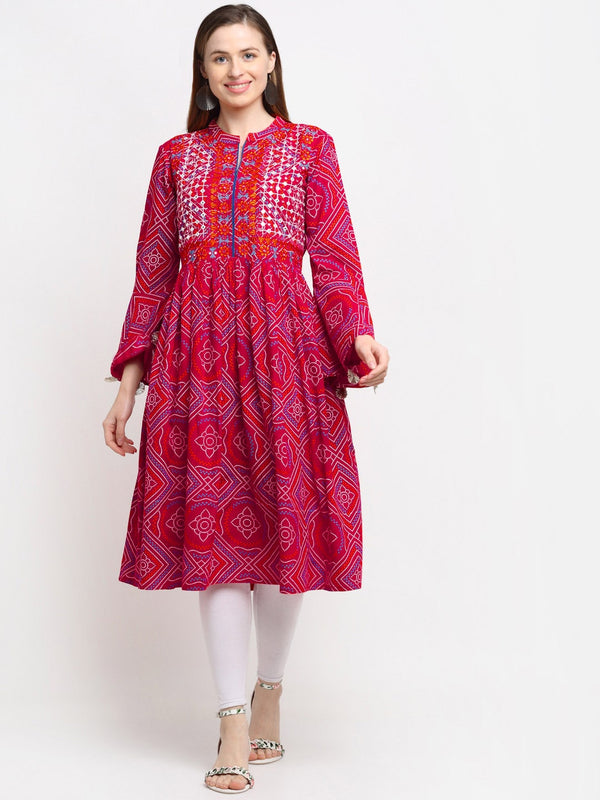 Kalini Women Red Ethnic Motifs Cotton Bell Sleeves Anarkali Kurta - Distacart