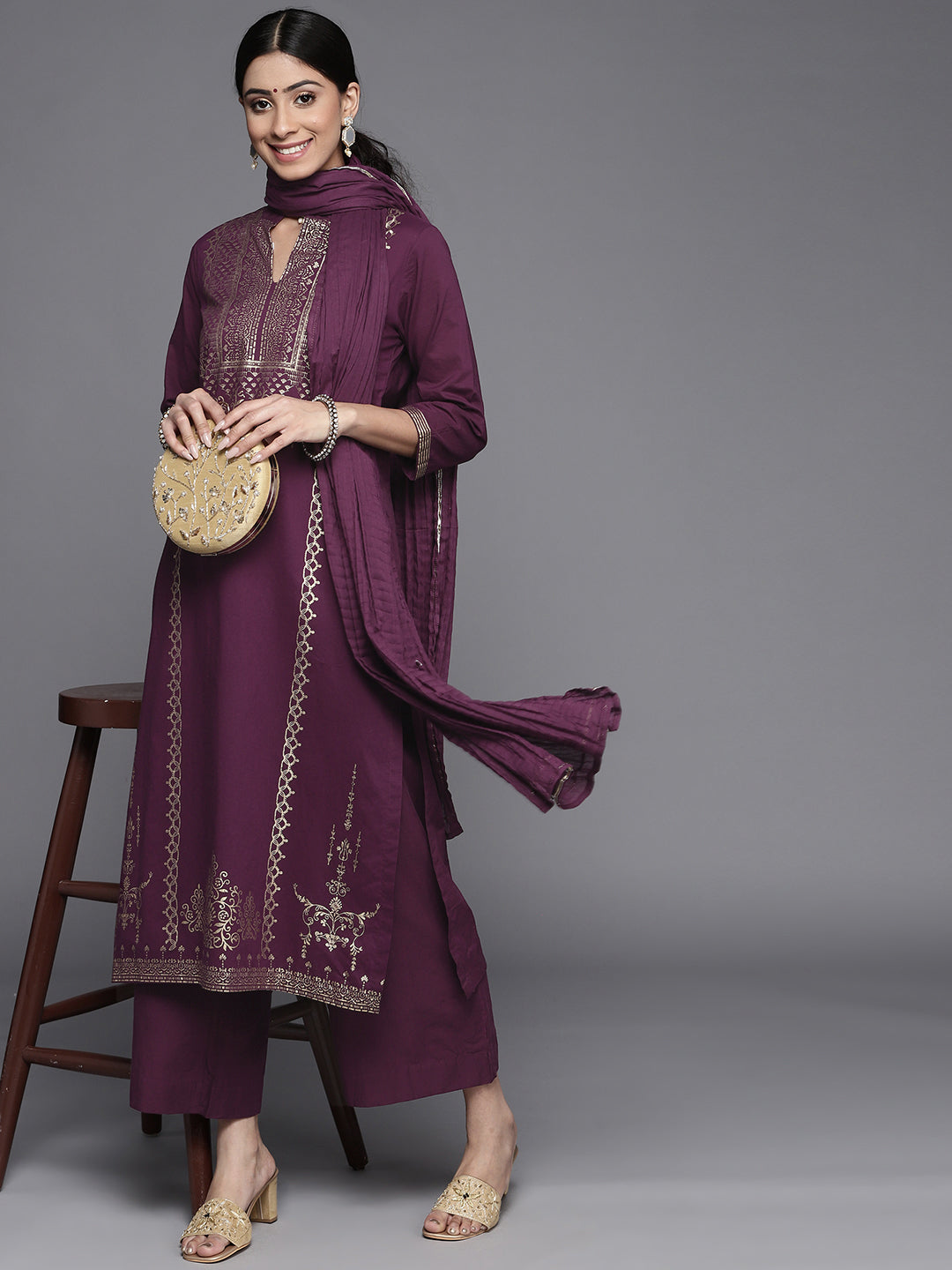 Biba Women Purple & Golden Printed Pure Cotton Kurta with Palazzos & Dupatta - Distacart