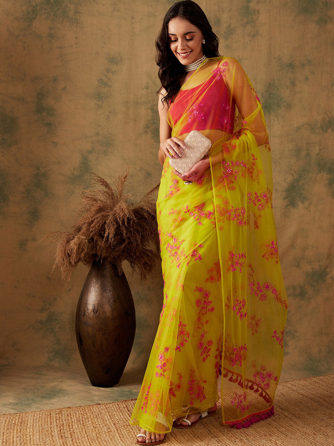 Sangria Floral Embroidered Sequins Details Net Saree - Distacart