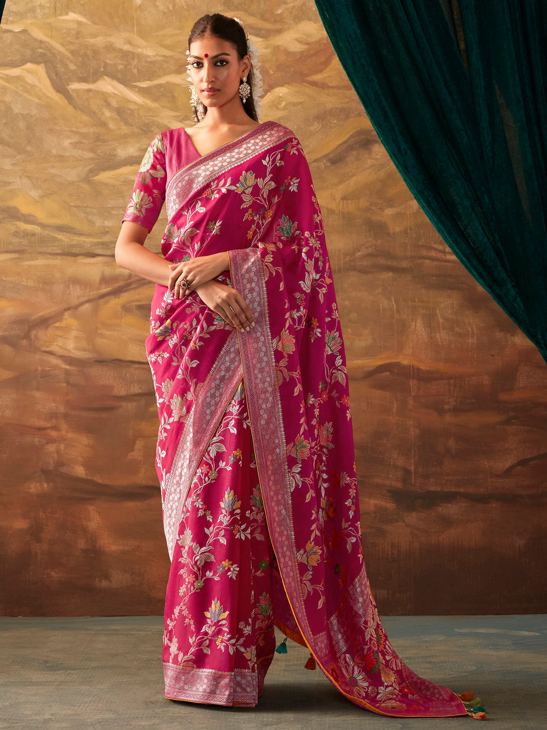 Mitera Pink & White Ethnic Motifs Zari Silk Banarasi Saree - Distacart