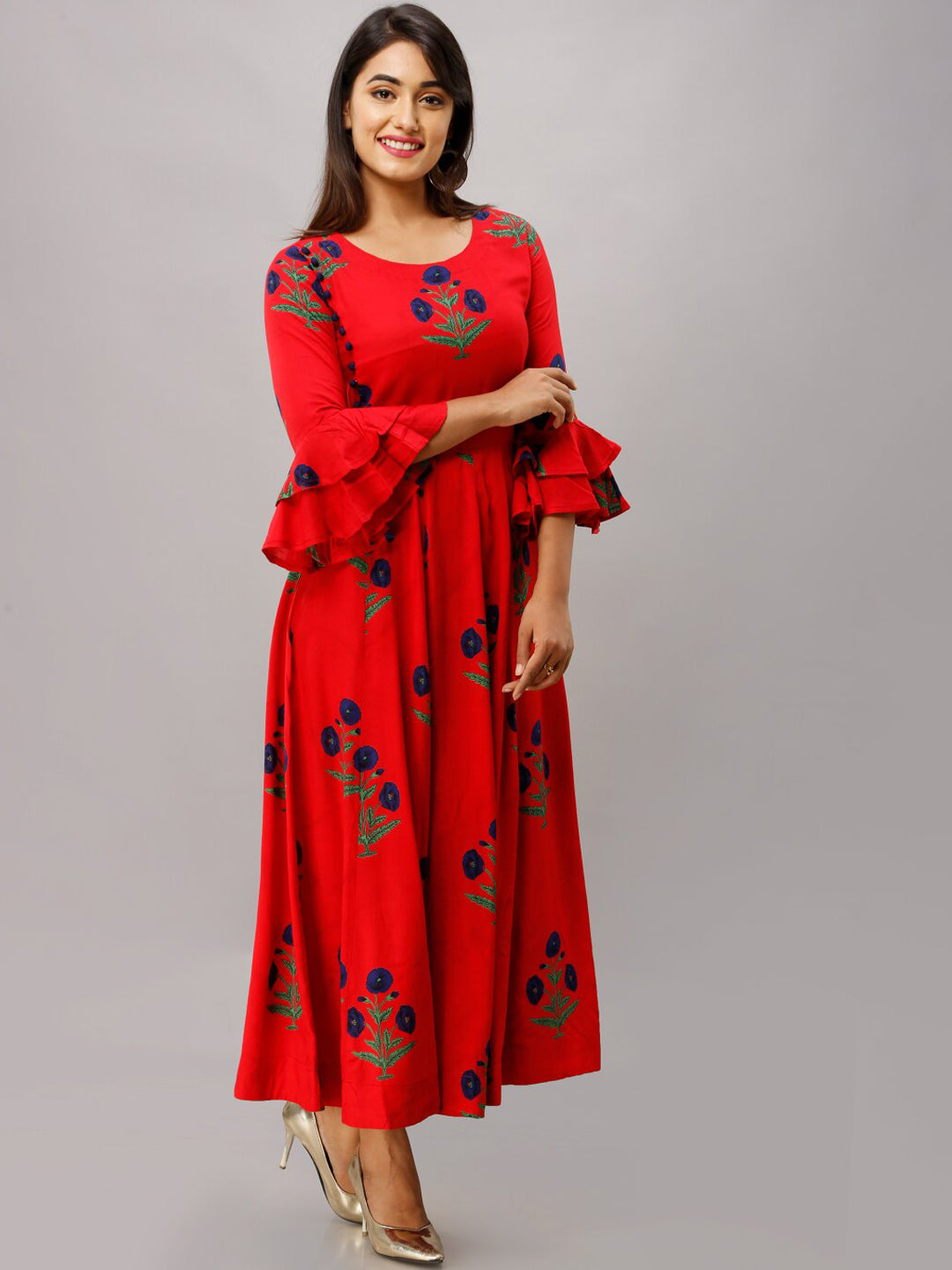Kalini Women Red Floral Embroidered Flared Sleeves Anarkali Kurta - Distacart