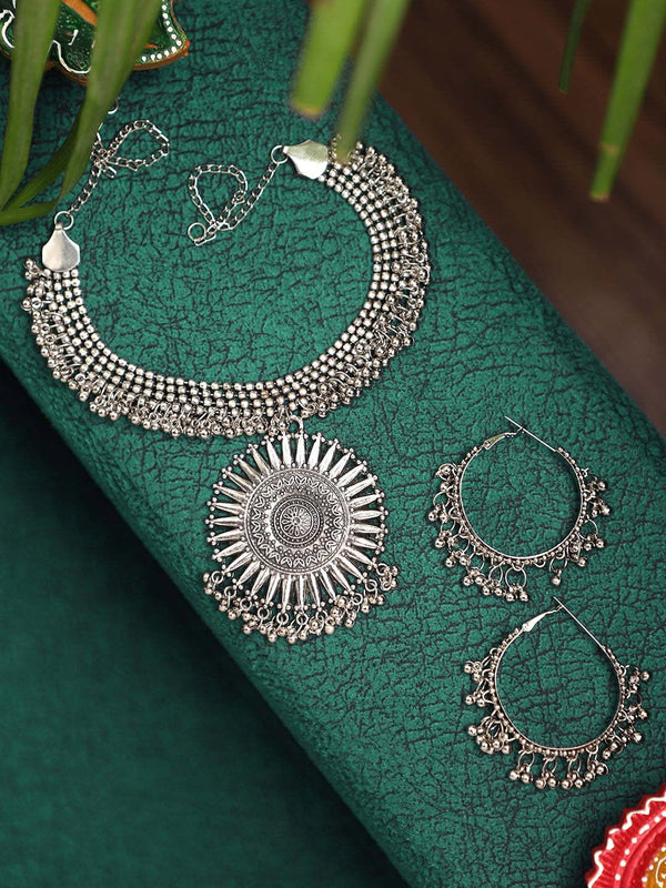 Cardinal Oxidized Silver-Toned Long Jewellery Set - Distacart
