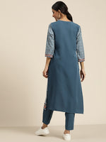Thumbnail for Sangria Women Teal Blue & White Ethnic Printed Straight Kurta with Trousers - Distacart