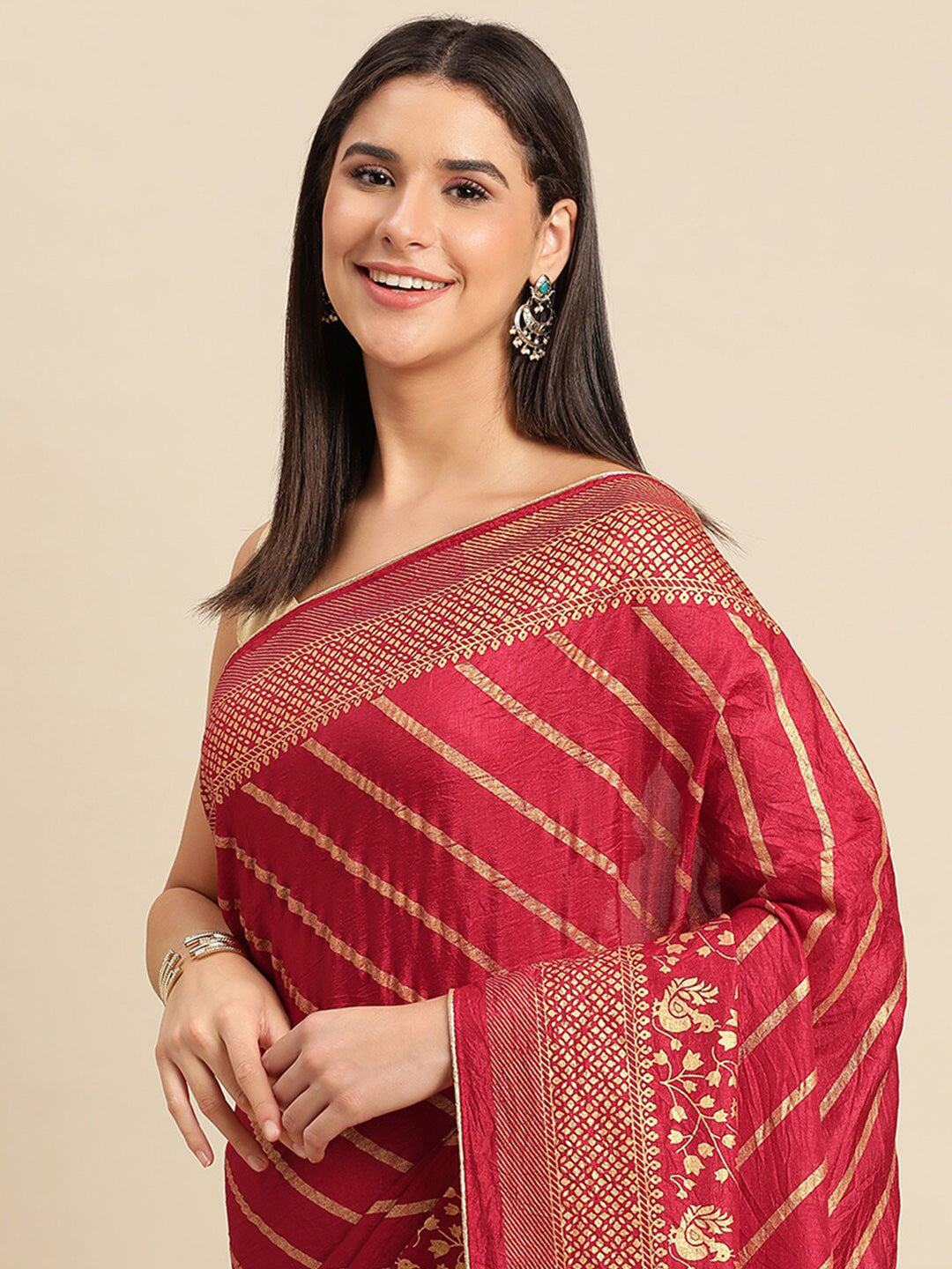 Kalini Striped Foil Work Vichitra Silk Saree - Distacart