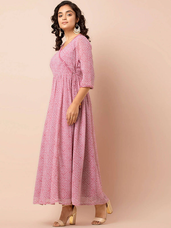Indya Pink & White Printed Ethnic Maxi Dress - Distacart
