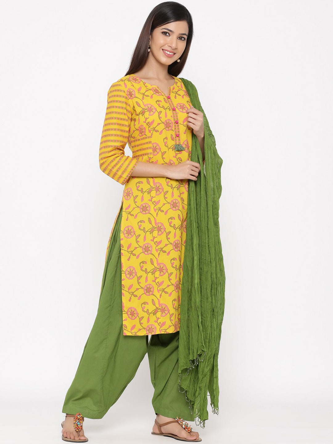 Jaipur Kurti Women Yellow Ethnic Motifs Printed Regular Pure Cotton Kurta with Salwar & With Dupatta - Distacart