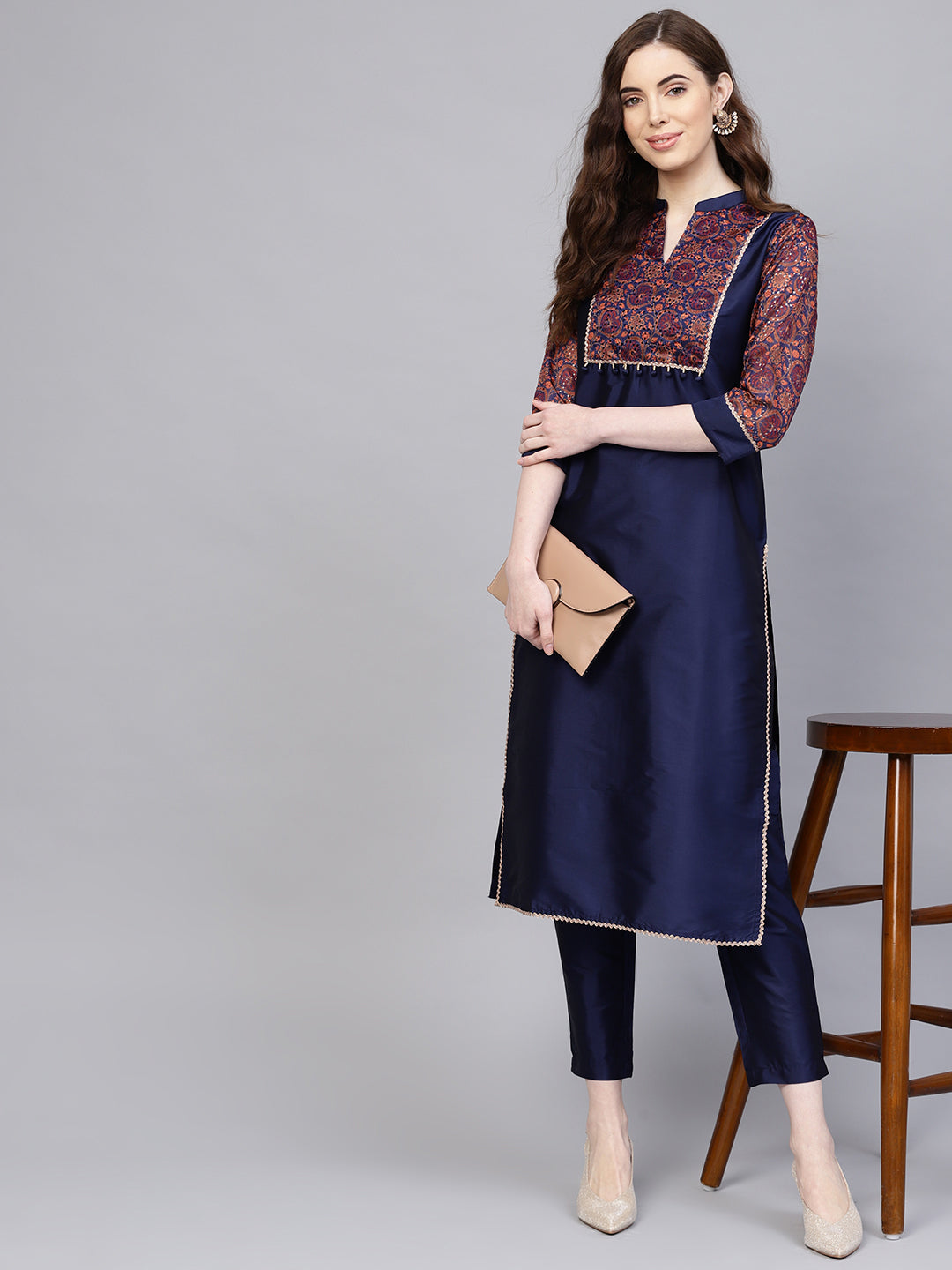 Jaipur Kurti Women Navy Blue Yoke Design Kurta with Trousers - Distacart