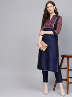 Thumbnail for Jaipur Kurti Women Navy Blue Yoke Design Kurta with Trousers - Distacart