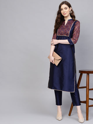 Jaipur Kurti Women Navy Blue Yoke Design Kurta with Trousers - Distacart