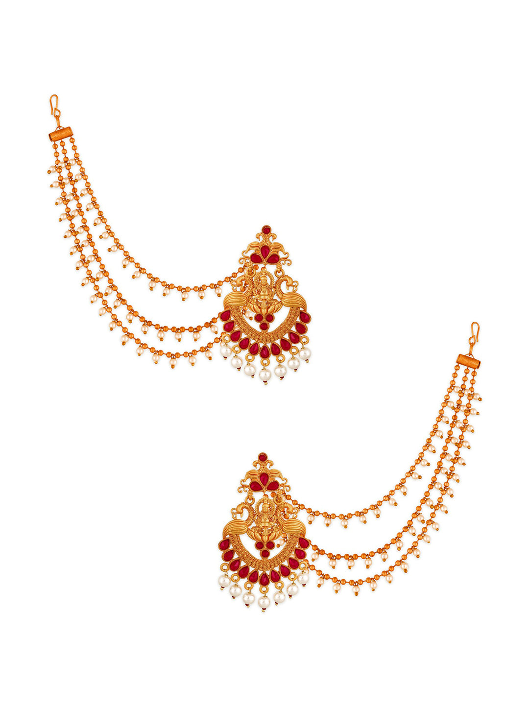 Aadita Red Gold-Toned & White Pearls Studded Contemporary Drop Earrings With Hair Chain - Distacart