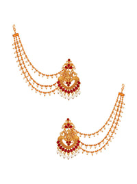 Thumbnail for Aadita Red Gold-Toned & White Pearls Studded Contemporary Drop Earrings With Hair Chain - Distacart