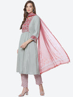 Thumbnail for Biba Women Sea Green & Red Floral Printed Panelled Kurta with Trousers & With Dupatta - Distacart