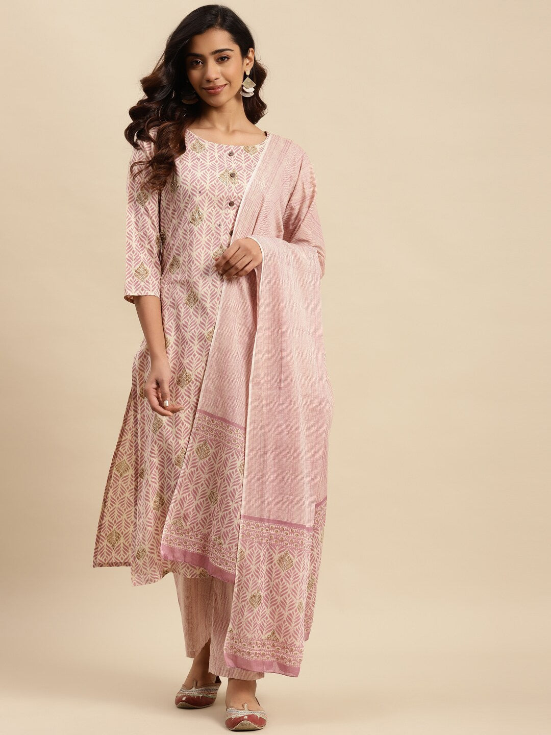 Sangria Mauve Floral Printed Beads and Stones Kurta With Trouser & Dupatta - Distacart