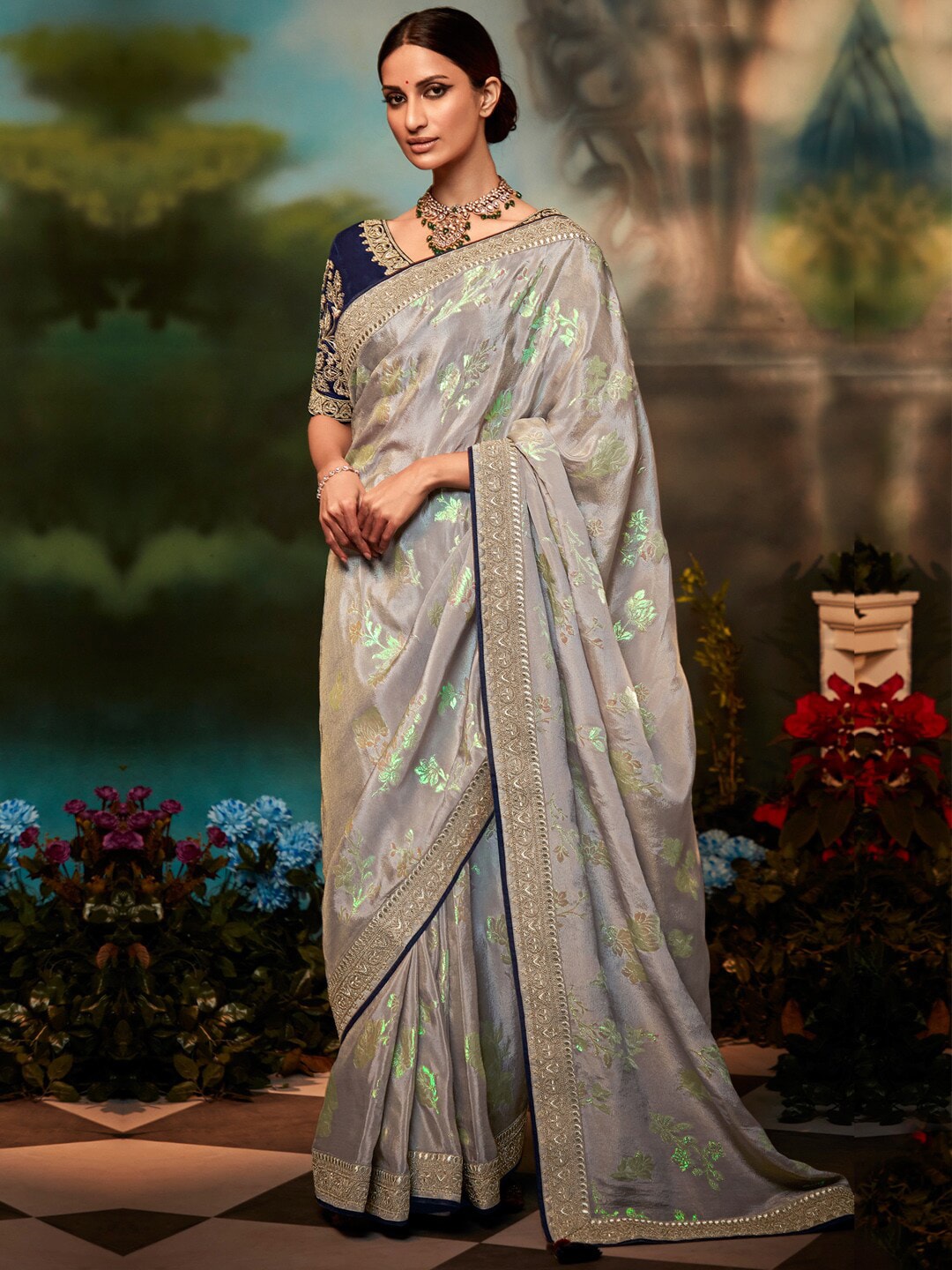 Mitera Gunmetal-Toned & Blue Floral Embroidered Silk Blend Saree - Distacart