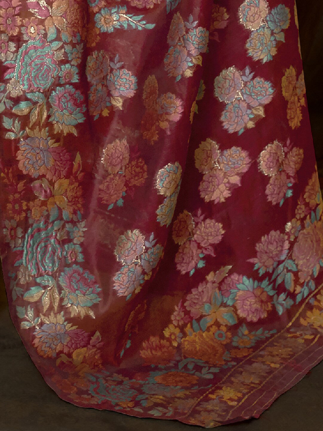 Mitera Maroon & Blue Floral Zari Banarasi Saree - Distacart