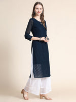 Thumbnail for Kalini Women Blue Embroidered Thread Work Floral Georgette Kurta - Distacart