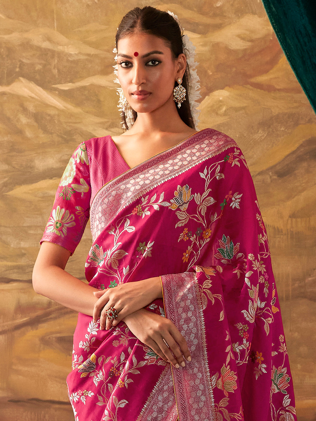 Mitera Pink & White Ethnic Motifs Zari Silk Banarasi Saree - Distacart