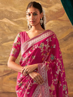 Thumbnail for Mitera Pink & White Ethnic Motifs Zari Silk Banarasi Saree - Distacart