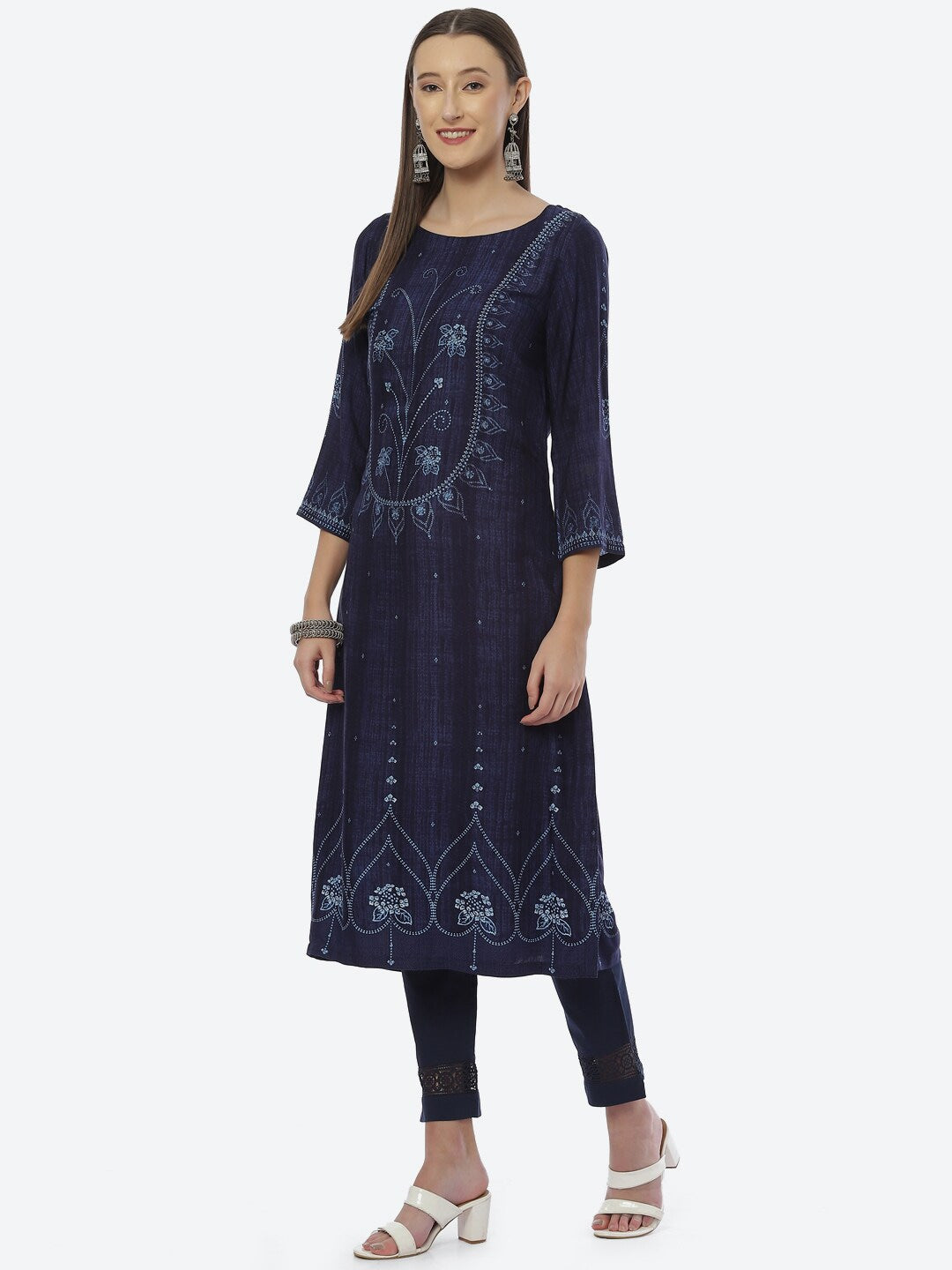 Biba Women Navy Blue Ethnic Printed Kurta - Distacart