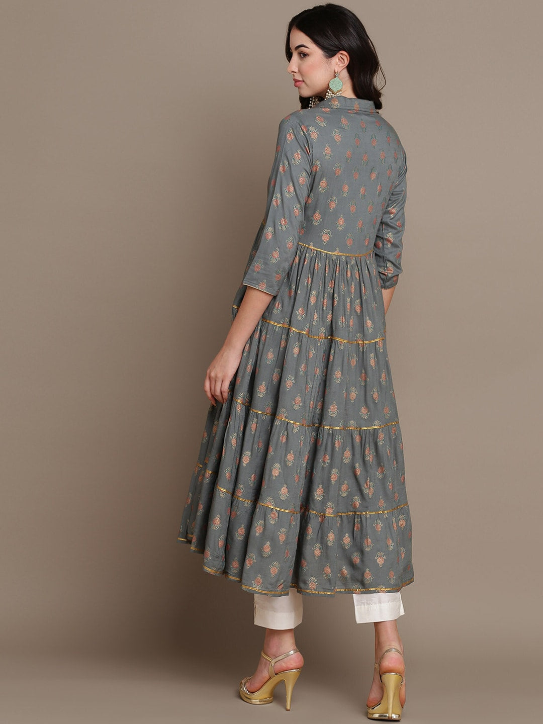 HERE&NOW Ethnic Motifs Printed Shirt Collar Tiered Pure Cotton A-Line Kurta - Distacart