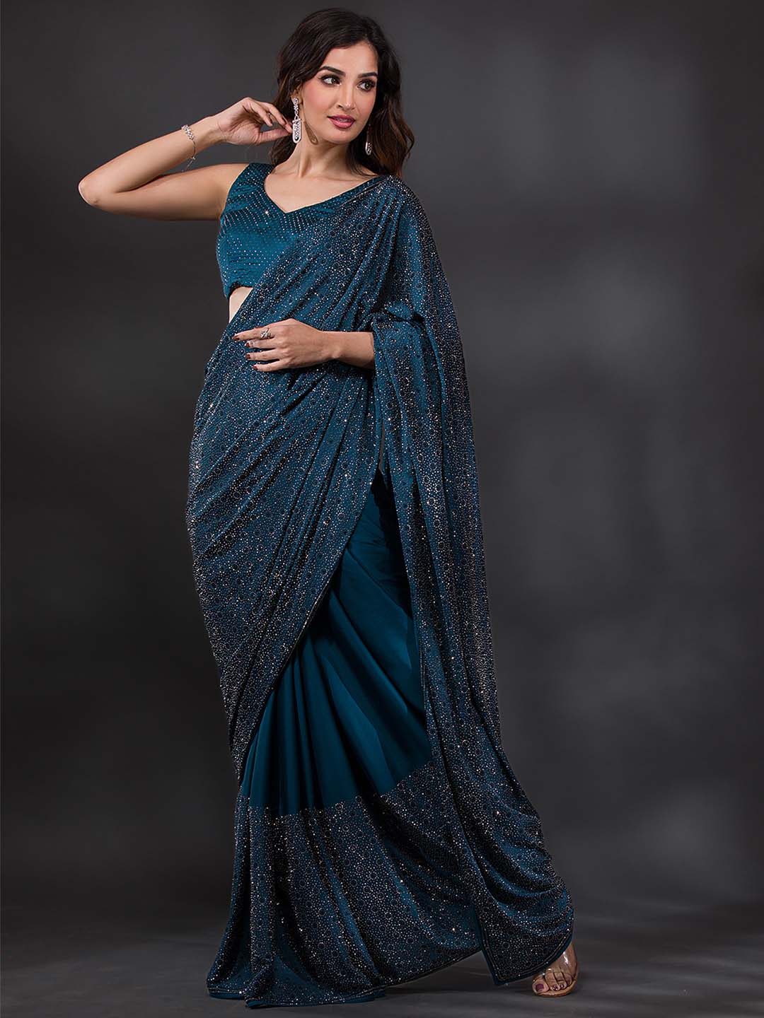 Koskii Embellished Stones Work Poly Crepe Saree With Blouse Piece - Distacart