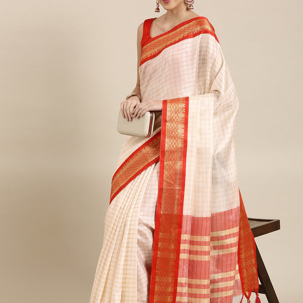 Kalini White & Red Checked Zari Silk Cotton Saree - Distacart