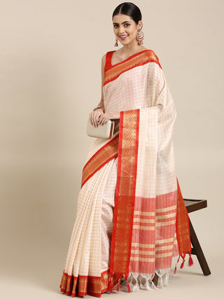 Kalini White & Red Checked Zari Silk Cotton Saree - Distacart