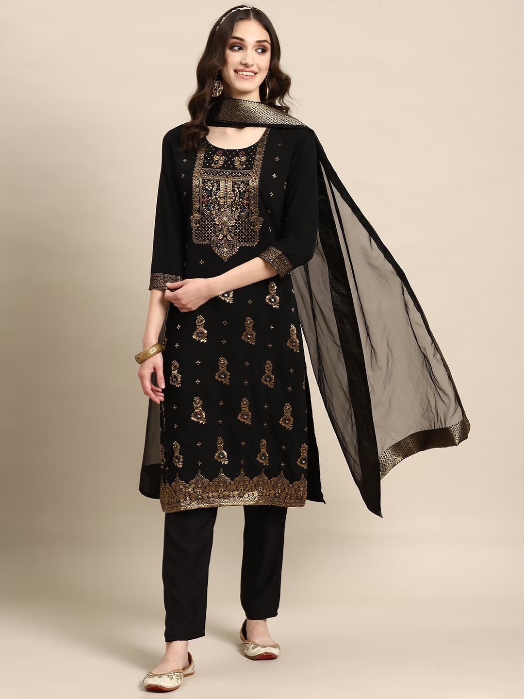 Sangria Women Black Floral Yoke Design Regular Kurta with Trousers & With Dupatta - Distacart