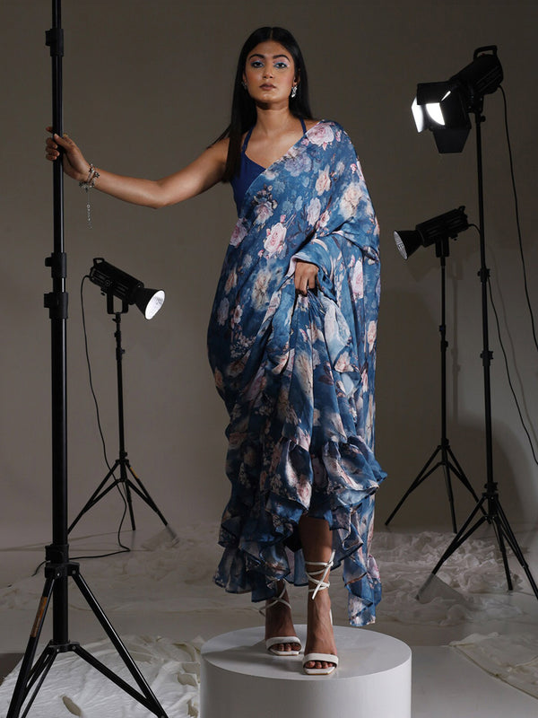 Tikhi Imli Blue Floral Printed Satin Ruffles Saree - Distacart
