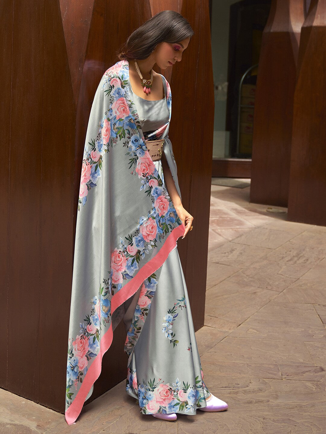 Mitera Grey & Pink Floral Satin Banarasi Saree - Distacart
