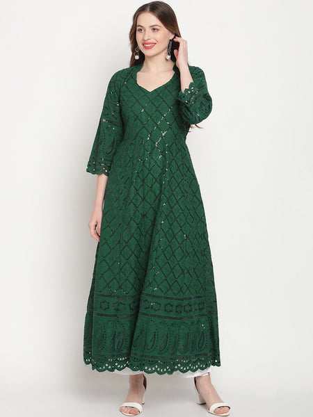 Kalini Ethnic Motifs Embroidered Chikankari Cotton Anarkali Kurta - Distacart