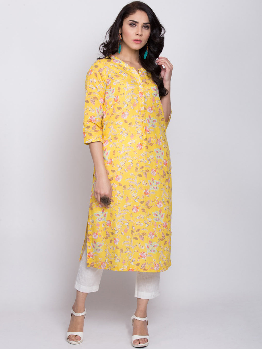 Biba Women Yellow Printed Straight Kurta - Distacart