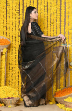 Thumbnail for Very Much Indian Rajsi - Handloom Ari Checks Cotton Silk Saree With Golden Border - Black - Distacart