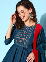 Thumbnail for Sangria Ethnic Motifs Yoke Design Pleated Sequinned Kurta with Trousers & Dupatta - Distacart
