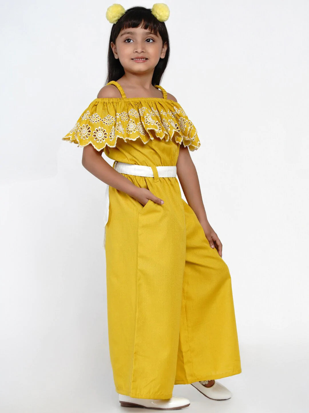 NOZ2TOZ Mustard Yellow & White Off-Shoulder Schiffli Basic Jumpsuit For Girls - Distacart