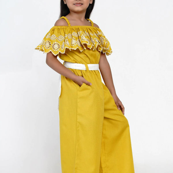 NOZ2TOZ Mustard Yellow & White Off-Shoulder Schiffli Basic Jumpsuit For Girls - Distacart