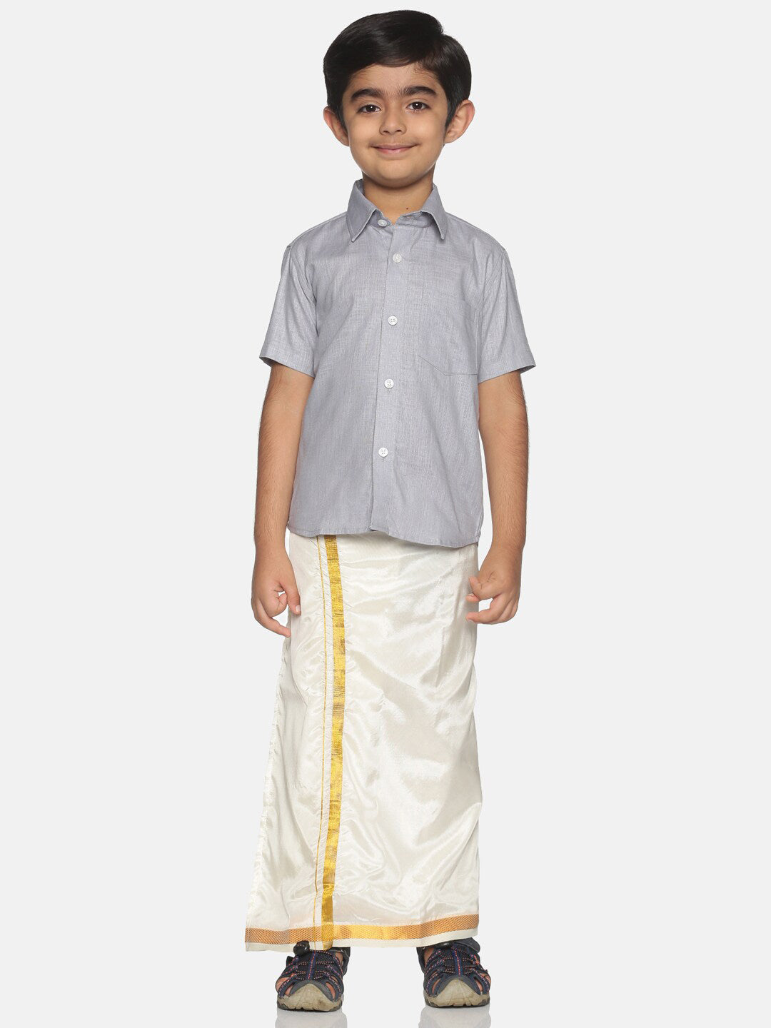 Sethukrishna Boys Grey & White Solid Shirt with Veshti Set - Distacart