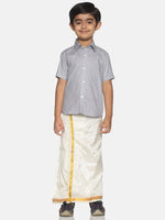 Thumbnail for Sethukrishna Boys Grey & White Solid Shirt with Veshti Set - Distacart