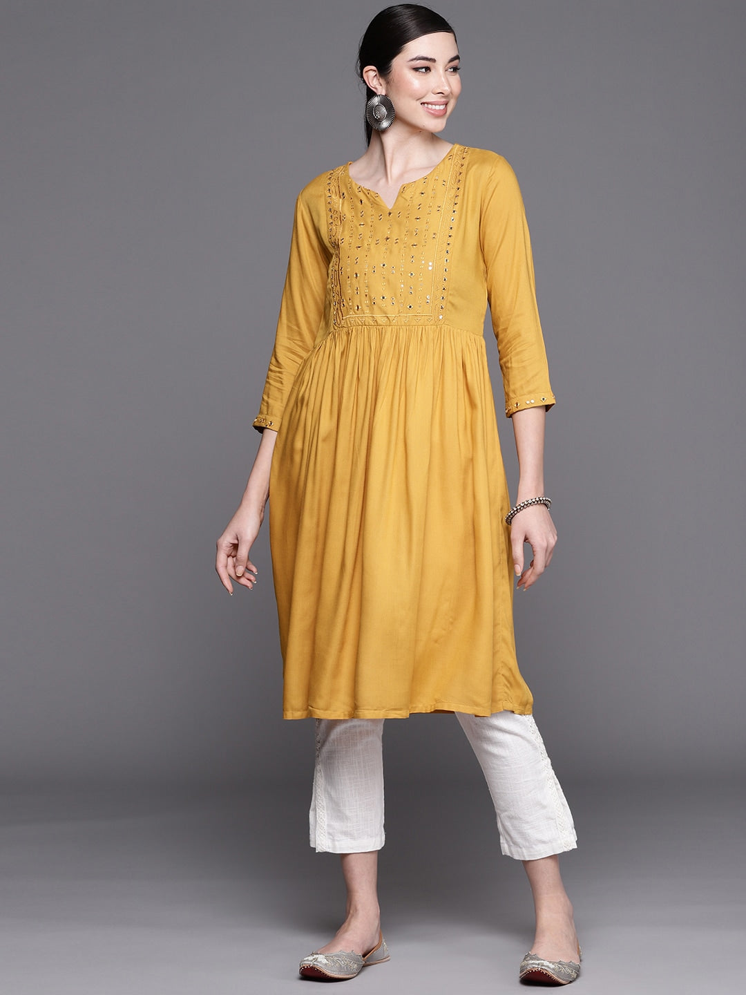 Biba Women Mustard Yellow Embroidered Mirror Work Yoke Design A-Line Kurta - Distacart