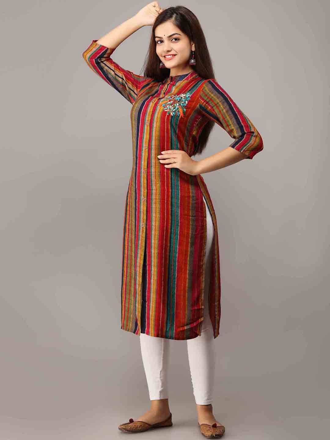 Kalini Women Red & Orange Striped Kurta - Distacart