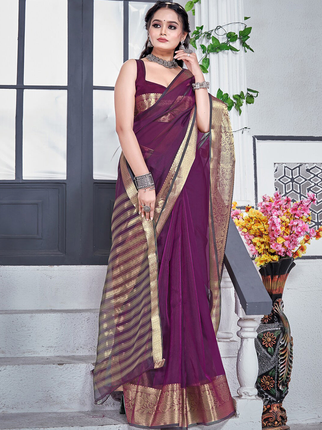 Kalini Zari Detail Organza Saree - Distacart