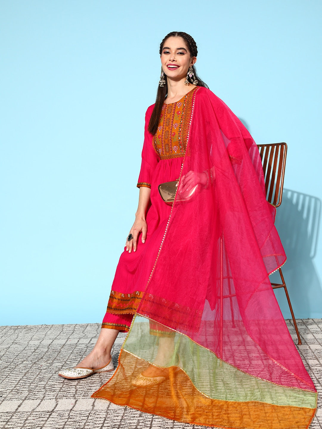 Sangria Ethnic Motifs Yoke Design Pleated Sequinned Kurta with Trousers & Dupatta - Distacart