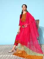 Thumbnail for Sangria Ethnic Motifs Yoke Design Pleated Sequinned Kurta with Trousers & Dupatta - Distacart