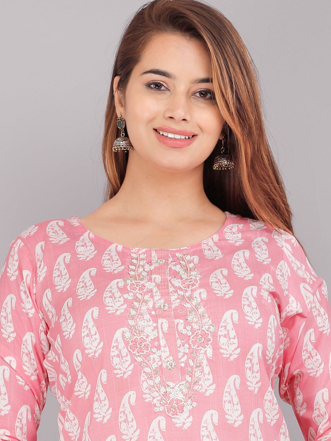 Kalini Women Pink & White Ethnic Motifs Printed Thread Work Floral Kurta - Distacart